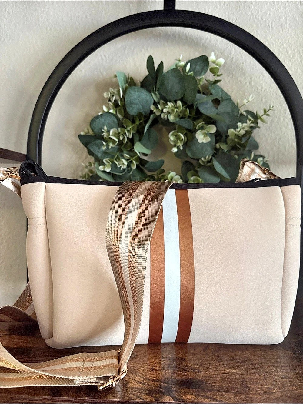 ah-dorned Neoprene Color Block Crossbody Bag in Beige, Gold and White